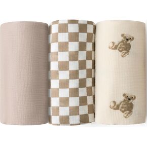 Little Jump Muslin Swaddle Blanket Baby - 40" x 47" Large Cotton Swaddling Blanket Soft Neutral 3 Pack (Coffee Checkered & Khaki & Teddy Bear)