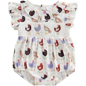 Farm Animal Outfits Baby Girl Chicken Print Flying Sleeve Smocked Bubble Romper Bodysuit Todddler Farm Clothes Summer