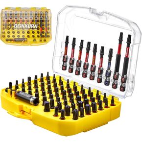 83Pieces Impact Screwdriver Bits Set, Magnetic S2 Steel Torx/Security Torx Insert Power Bits Tips Set with Impact Bit Holder and 1/4"Socket Adapter (Yellow Storage Box Case)