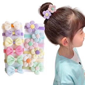Toddler Hair Ties, 24 Pcs Cute Elastic Hair Ties with Flower Bow, Ponytail Seamless Holders Scrunchies Hair Accessories (MIX-D 24 pcs)