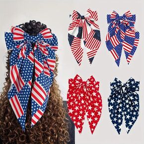 4th Of July Bow Hair Clips for Women Girls, 4pcs Big Bows Independence Day Hair Accessories, USA Flag Design Long Tail Bowknot Hair Barrettes Nonslip Alligator Hair Pins Patriotic Party Decor