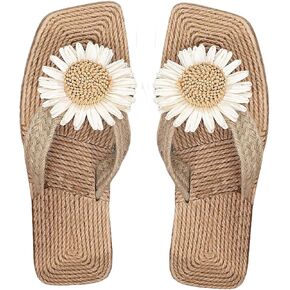 OYOANGLE Women's Boho Floral Decor Straw Flip Flop Sandals Square Open Toe Slide Sandal Slippers