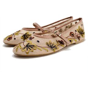 Mesh Ballet Flats for Women Embroidered Floral Mary Jane Flats Round Toe Slip On Ballerina Shoes Comfortable Casual Daily Dress Flat Shoes
