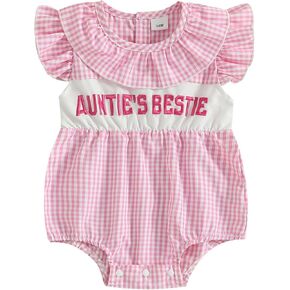 Aunties Bestie Baby Girl Clothes Aunt Saying Letter Embroidery Smocked Bubble Romper One-piece Ruffle Plaid Bodysuit