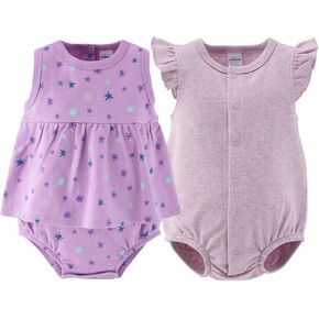 The Peanutshell Baby Girl Rompers 2 Pack - 100% Cotton Clothes and Dresses for Newborn, Infant and Baby Girls - Lilac Stars