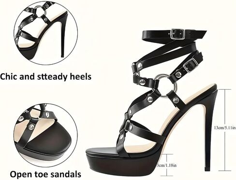Women's Black Punk Sexy High Heels Open Toe Buckle Platform Ankle Strap Stiletto Heel in Saudi Arabia
