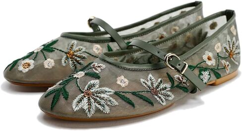Mesh Ballet Flats for Women Embroidered Floral Mary Jane Flats Round Toe Slip On Ballerina Shoes Comfortable Casual Daily Dress Flat Shoes in Kuwait