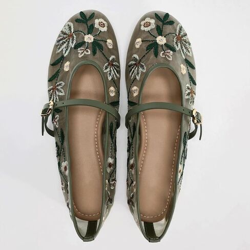 Mesh Ballet Flats for Women Embroidered Floral Mary Jane Flats Round Toe Slip On Ballerina Shoes Comfortable Casual Daily Dress Flat Shoes in Kuwait