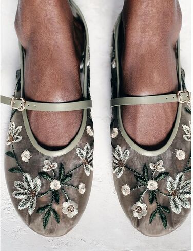 Mesh Ballet Flats for Women Embroidered Floral Mary Jane Flats Round Toe Slip On Ballerina Shoes Comfortable Casual Daily Dress Flat Shoes in Kuwait