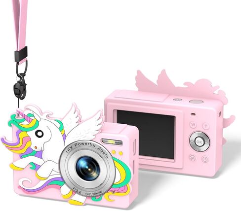 ل Camkory DC403 Camera Camera Silicone Case ، Kawaii Cute Unicorn Anime Skin Cover لكاميرا Lecran DC403 ، حالة وقائية للصدمة/الصدمة لفتاة/جرلي مع الحبل (الوردي) in Kuwait