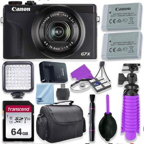 Canon PowerShot G7 X Mark III Camera W/ 1 بوصة مستشعر و 4K فيديو - Wi -Fi و Bluetooth مكمل (أسود) وضوء فيديو LED ، بطاقة ذاكرة 64 جيجابايت ، بطارية إضافية + حزمة ملحقات (متجددة)
