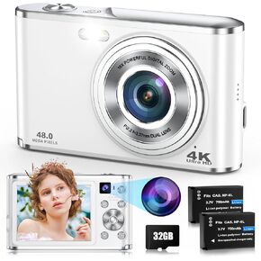 4K Digital Camera with Dual Lens, Autofocus 48MP 16X Digital Zoom Compact Vlogging Camera for Beginners, 32GB Card (White)