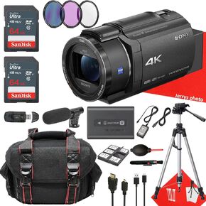 Sony FDR-AX43 UHD 4K Handycam Camcorder + 2PC 64 GB MEMORY + SUPTGUN VIDEO MICROPHONE + FILLES + TRUPOD + MORE (حزمة 19PC) ، أسود (متجدد)