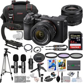 Sony a7C II Mirrorless Camera with 28-60mm Lens (Black) Bundle + Wireless Microphone System + Accessory Package Including 64GB Extreme Memory, U-Grip, Case, Tripod, Software and More (26 Items)
