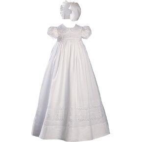 33" White Cotton Short Sleeve Christening Gown Baptism Gown with Hand Embroidery