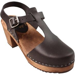 السويدية Highwood T-Bar Sandal Clogs للنساء | Mary Jane Syle High Heel Platform Clogs مصنوعة يدويًا في السويد | جلد حقيقي على قاعدة الخشب البني ألدر | أسود