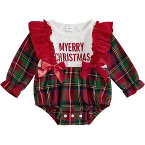 Sasaerucure Christmas Outfit Infant Baby Girl Merry Christmas Plaid Ruffle Long Sleeve Romper Bodysuit Bubble Clothes