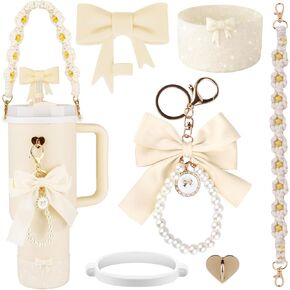Stanley Cup Accessories Set,40oz & 30oz Tumbler Accessories Including Bow Straw Topper Cover,2.95in Silicone Bling Boot,Bow Pearl Charms,Water Bottle Handle Strap for Women Gift