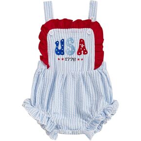 4th of July Baby Girl Outfit USA Embroidery Bubble Romper Fourth of July Newborn Jumpsuit Memorial Patriotic Clothes