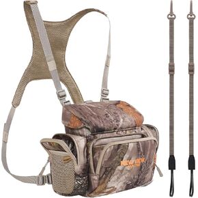 NEW VIEW CamoStealth Silent Binocular Harness Chest Pack - Quiet Hunting Bino Case, Fixed Rangefinder Pouch, Adjustable Binos Harness, Rain Cover - Size L & Tree Camo