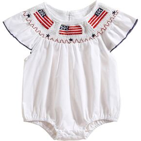 Noubeau 4th Of July Baby Girl Outfits USA Flag Plaid Smocked Bubble Romper Newborn Fourth Of July Clothes