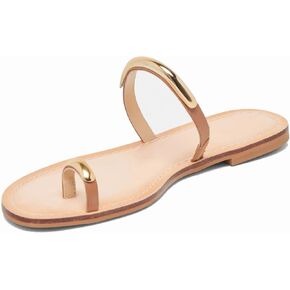 Flat Sandals for Women Metallic Toe Ring Slippers with Strap Comfortable Open Toe Summer Beach Flats Shoes