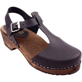 السويدية منخفضة الكعب T-Bar Sandal Clog I أحذية السد الخشبية المنخفضة للسيدات مع قاعدة خشبية بنية بنية