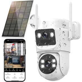 كاميرا أمان شمسية 6MP WIRELESS Outdoor ، 2.4G & 5G WiFi ، Panoramic & Tracking Camera 2-in-1 للأمن المنزلي مع رؤية ليلية ملونة ، الكشف البشري ، صفارات الإنذار ، 360 درجة PTZ