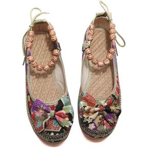 Women's Tribal Flower Platform Mules - Closed Toe Wedge Slides Sandals.Retro Ethnic Style Canvas Loafers & Slip-Ons