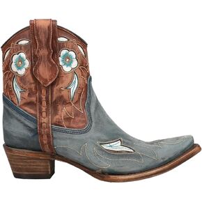 Corral Boots Womens Tooled Inlay Floral Embroidered Snip Toe Zippered Casual Boots Ankle Mid Heel 2-3" - Blue