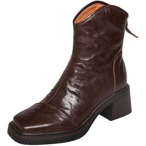 TinaCus Women's Handmade Genuine Leather Back Zip Square Toe V-Cut Platform Mid Block Heel Ankle Boots