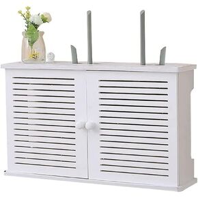 Wireless Router Storage Shelf Wall Hanging Router Storage Box， Wireless WiFi Router Shelf Storage Boxes Cable Power Plus Wire Bracket Wood-Plastic Storage Board，Blanc-48 * 11 * 31.5cm