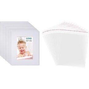 Egofine 8x10 White Picture Mats Pack of 14 / Clear Resealable Cellophane Bags for Photo Prints Framing Mats Mattes 100 PCS
