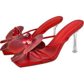 sexytag Clear Kitten Heels Floral Print Thong Sandals Slip On Flower Stiletto Heels Open Toe Mules