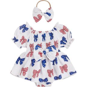 4th of July Baby Girl Outfit Smocked Rompers Dress Bow Print Bodysuits Infant Jumpsuits with Headband Summer Clothes