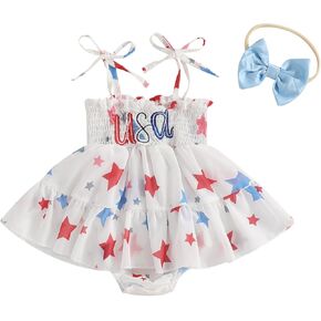 Newborn 4th Fourth of July Baby Girl Outfits USA Bubble Romper White Red and Blue Smocked Dress+Headband