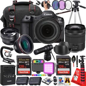 Canon EOS R5 Mark II Mirrorless Camera مع Canon RF 24-105mm f/4-7.1 هي عدسة STM + 2PC 128 جيجابايت + Canon DM-E100 Microphone + LED Light + More (حزمة 29pc) (متجددة)