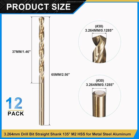 PATIKIL #30 بتات الحفر ، Jobber Straight Shank M2 الصلب عالي السرعة 135 درجة الذهب للمعادن الصلبة من الفولاذ المقاوم للصدأ - 12 حزمة in Kuwait