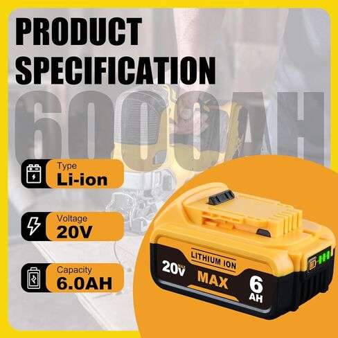 2Pack DCB200 6000MAH استبدال للبطارية DeWalt 20V متوافق مع بطارية DeWalt Lithium-ion DCB201 DCB203 DCB204 DCB206 DCB207 و DCD/DCF/DCG Series and Cordless Tools in Kuwait