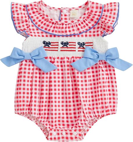 My First 4th of July Baby Girl Outfit Infant Smocked Bubble Romper Fly Sleeve Embroidery Flag Newborn Summer Clothes in Kuwait