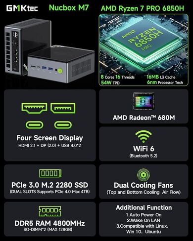 GMKtec Gaming Mini PC Windows 11 Pro AMD Ryzen 7 7735HS Mini Computer up to 4.75GHz 32GB DDR5 RAM 1TB Hard Drive PCIe SSD AMD Radeon 680M, 2 x HDMI, 1x USB4, 4X USB Ports, WiFi 6, BT5.2 Nucbox K2 in Kuwait