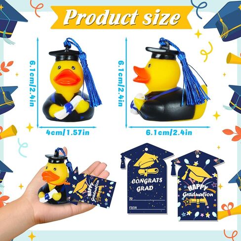 12 PCS Duck Traduation With Card Tags ، Blue Grad Rubber Ducks 2025 for student party favors bathtub pool toys jeeps ducking cake decoration healmaring gifts in Kuwait