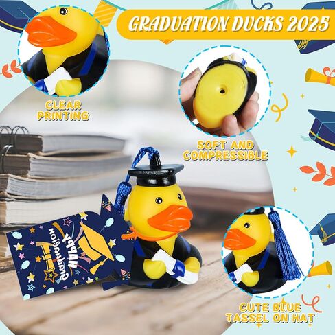 12 PCS Duck Traduation With Card Tags ، Blue Grad Rubber Ducks 2025 for student party favors bathtub pool toys jeeps ducking cake decoration healmaring gifts in Kuwait