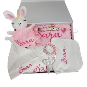 Personalized Newborn Baby Gift Sets, Customized Essential Stuff for Newborn Girl, Custom Embroidered Baby Blanket Onesie Hat Beanie Pacifier Clip Security Blanket with Name