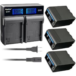 Kastar 3 Pack Battery NP-F990 PRO and LCD Dual Rapid Charger for Sony PLM-100 PLM-50 PLM-A35 PLM-A55 Q002-HDR1 UPX-2000 PBD-D50 PBD-V30 HXR-MC1500 HXR-MC2000 HXR-MC2500 HXR-NX100 HXR-NX3 HXR-NX5