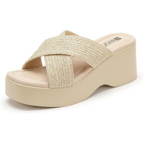 IDIFU IN3 Platform Wedge Sandals Square Open Toe Slip On Wedge Slides Sandals Summer Beach Wedding Work Office Ladies Dress Chunky Platform Sandals Comfort Dressy Cute Trendy Casual Wedge Sandals