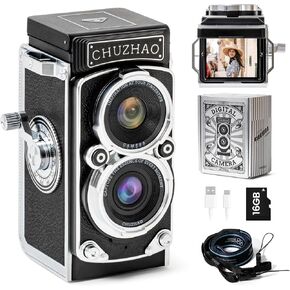 CHUZHAO Mini Vintage Digital Camera, Portable TLR Point and Shoot Retro Camera with 1080P Video, 12MP Photos, 16GB Card, 1000mAh Battery, and Dual Filters – Great for Travelers, Retro Style Lovers