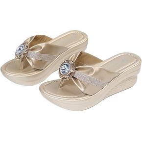 CROSSBABY Womens Dressy Rhinestone Platform Flip Flops Trendy Comfortable Arch Support Cushion Walking Thong Sandals Low Wedge Slippers Summer Pool Beach