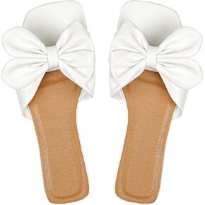 Women's Bow Flat Sandals Dressy Square Open Toe Sandals Slip On Slide