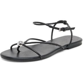 Strappy Flat Sandals for Women Summer Round Toe Metal Bead Flip Flop Sildes with Ankle Buckle Strap Beach Flats Shoes